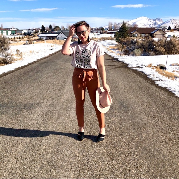 New! Skinny High Waist Paper Bag Pants in Copper - Picture 6 of 16